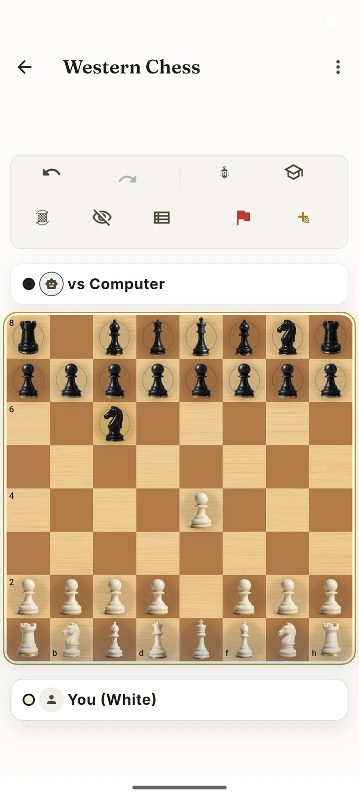 Boardlore Western chess board mid-game against the on-device computer opponent