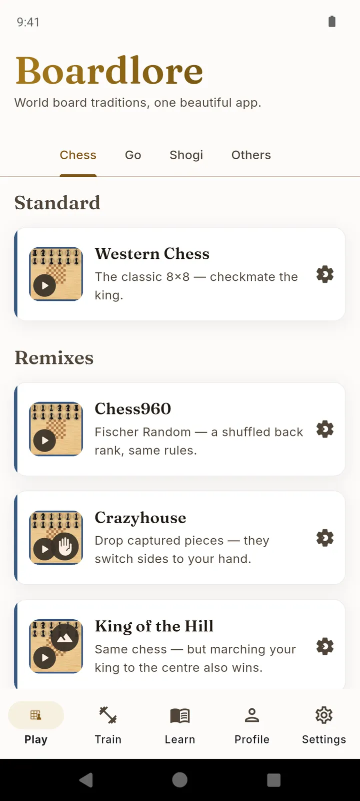 Boardlore home screen listing chess, Go, and Shogi variants to play