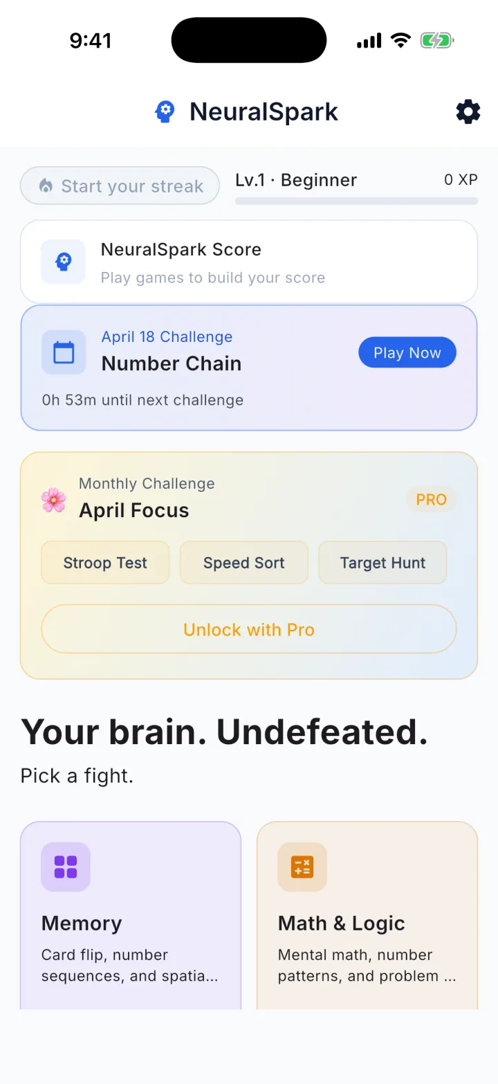 NeuralSpark home screen showing practice areas