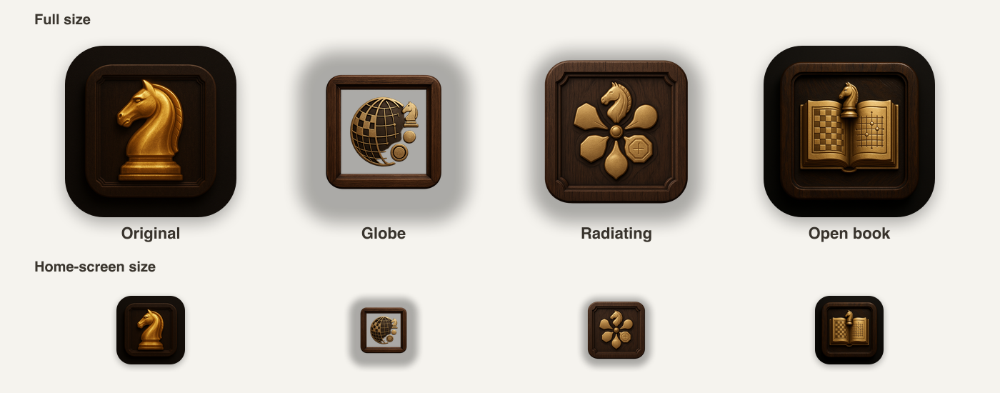 Four icon candidates — the original gold knight, a globe-and-knight, a radiating pinwheel of tradition pieces, and an open book — each masked to the iOS squircle and shown at full size in the top row and at home-screen size in the bottom row. Shrunk, the globe collapses inside its frame and the radiating pinwheel blurs to a smudge, while the open book still reads.